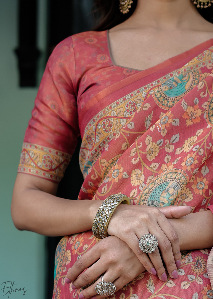 Brick Red Royal Heritage Cotton Linen Saree