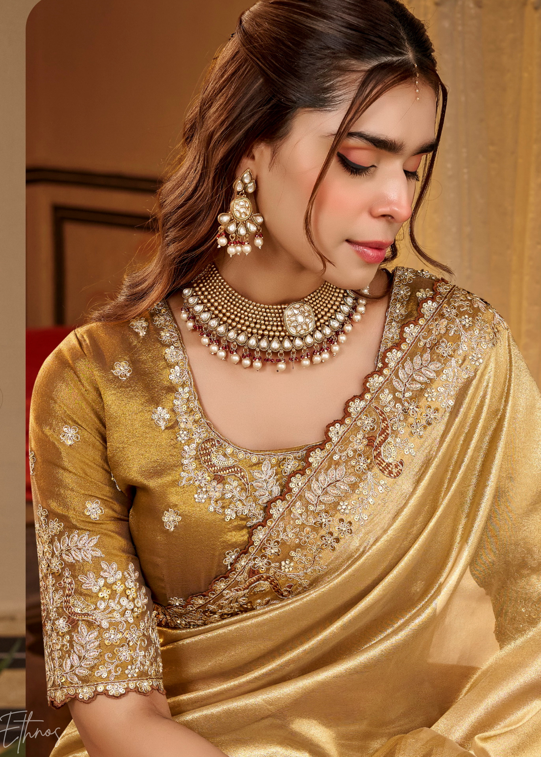Bright Gold Heavy Floral Border Satin Silk Saree