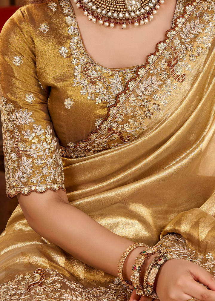 Bright Gold Heavy Floral Border Satin Silk Saree