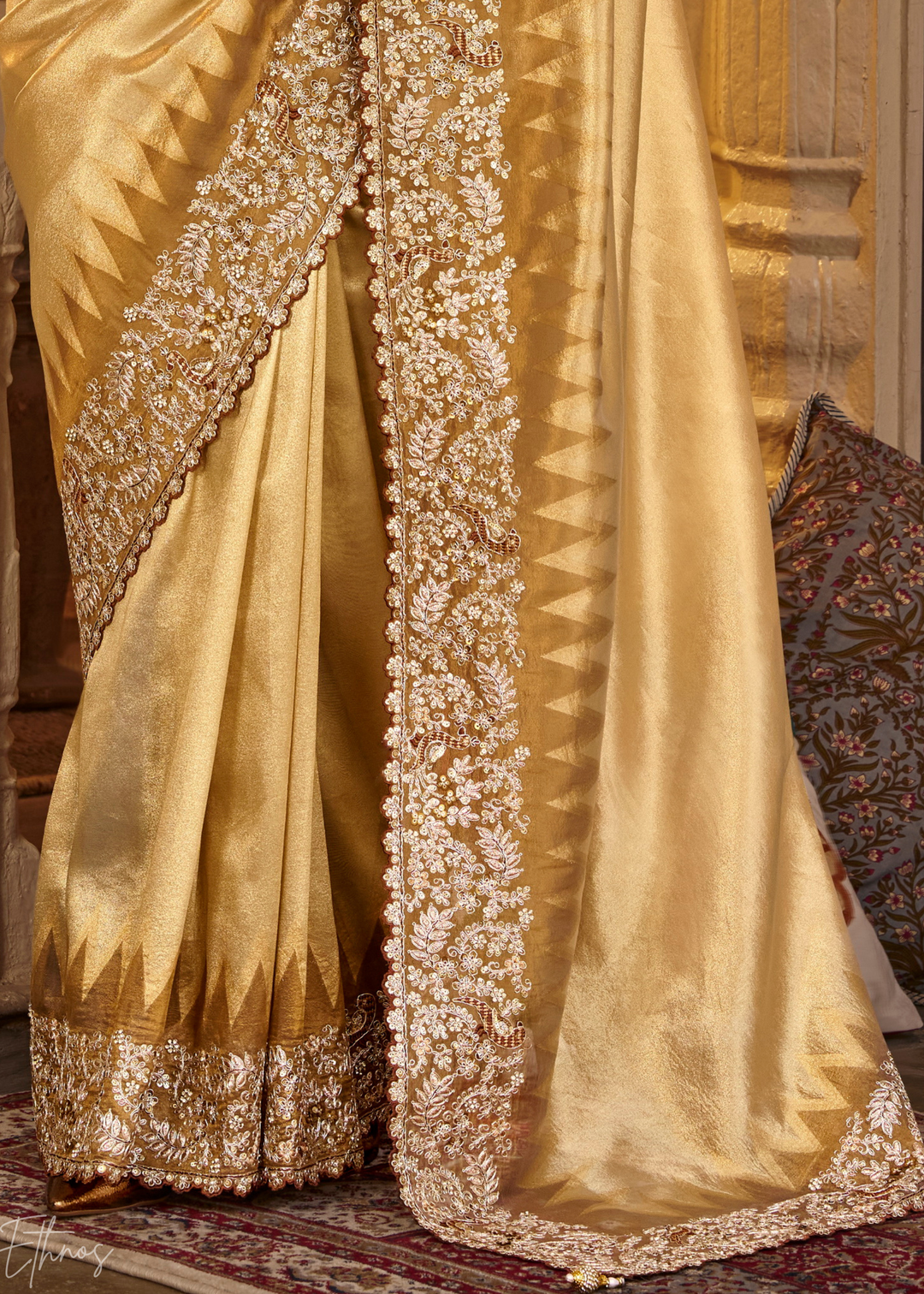 Bright Gold Heavy Floral Border Satin Silk Saree