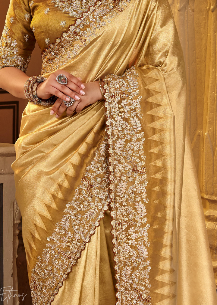 Bright Gold Heavy Floral Border Satin Silk Saree