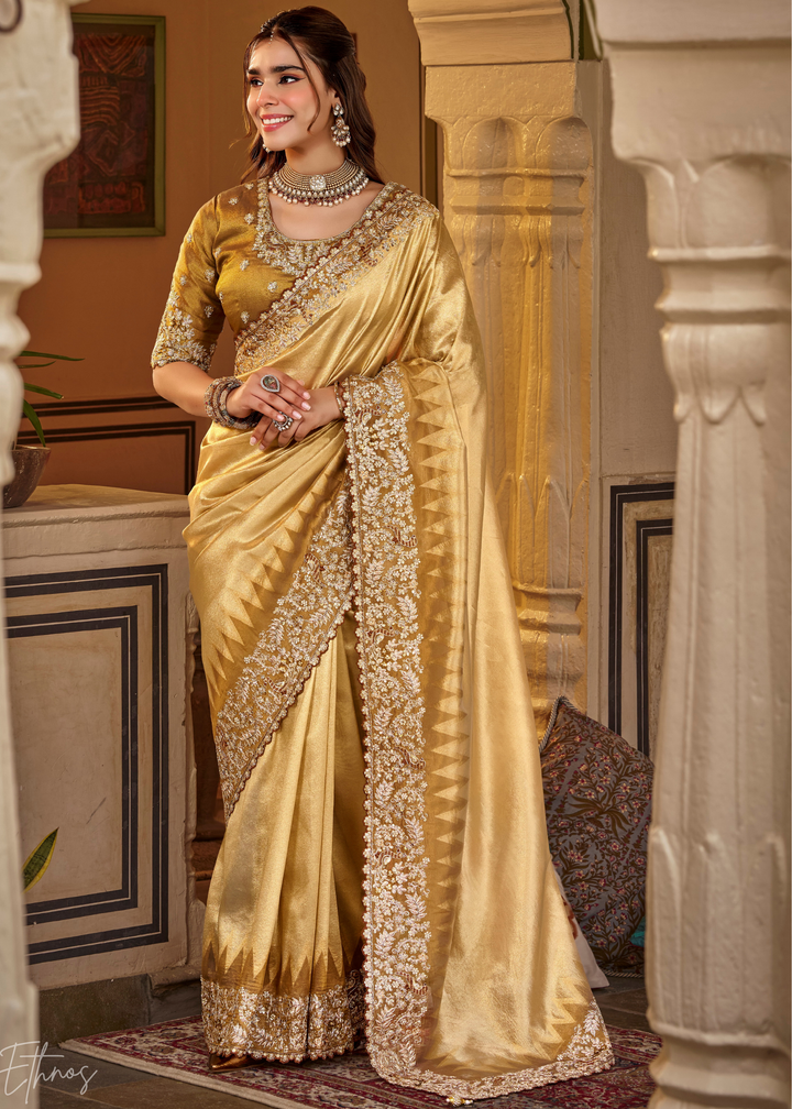 Bright Gold Heavy Floral Border Satin Silk Saree