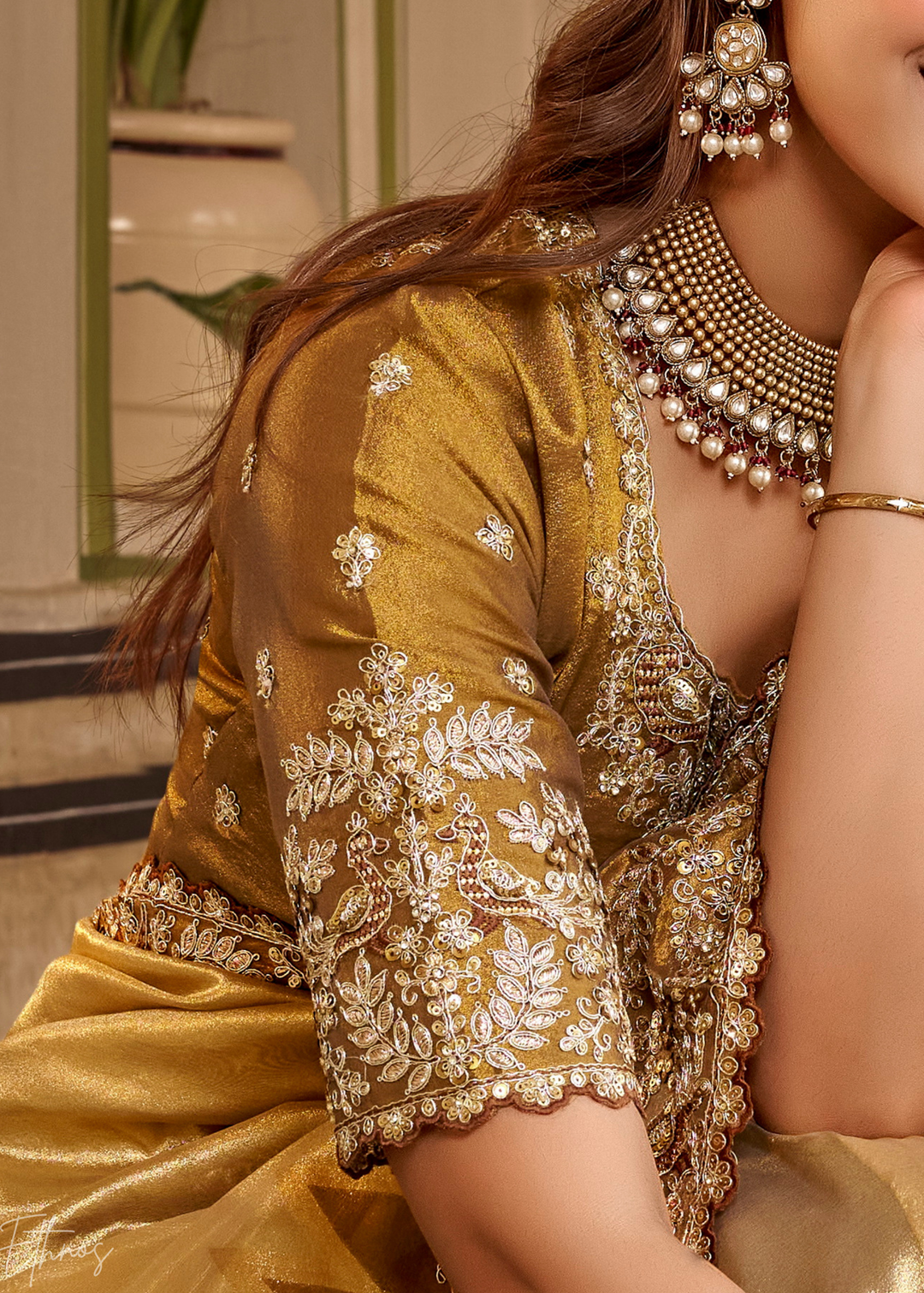 Bright Gold Heavy Floral Border Satin Silk Saree