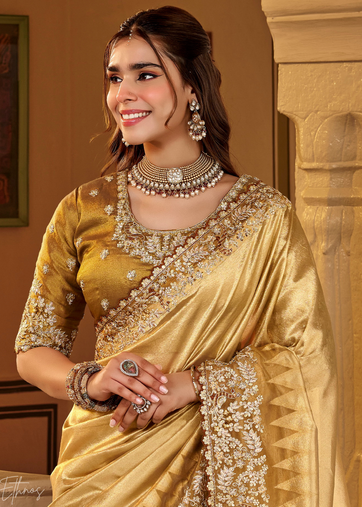 Bright Gold Heavy Floral Border Satin Silk Saree
