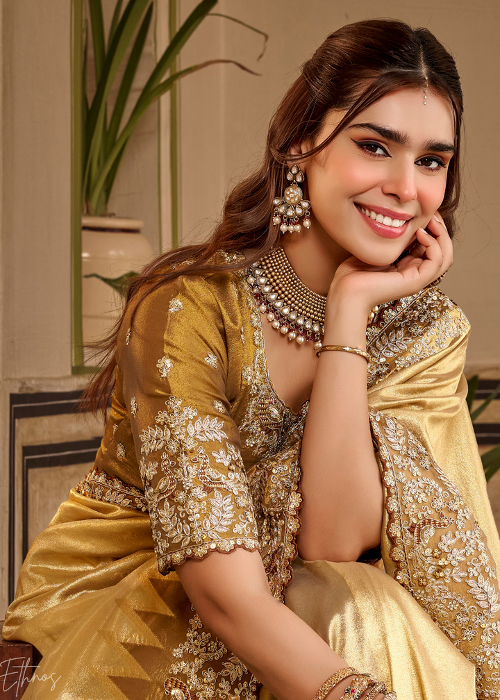 Bright Gold Heavy Floral Border Satin Silk Saree
