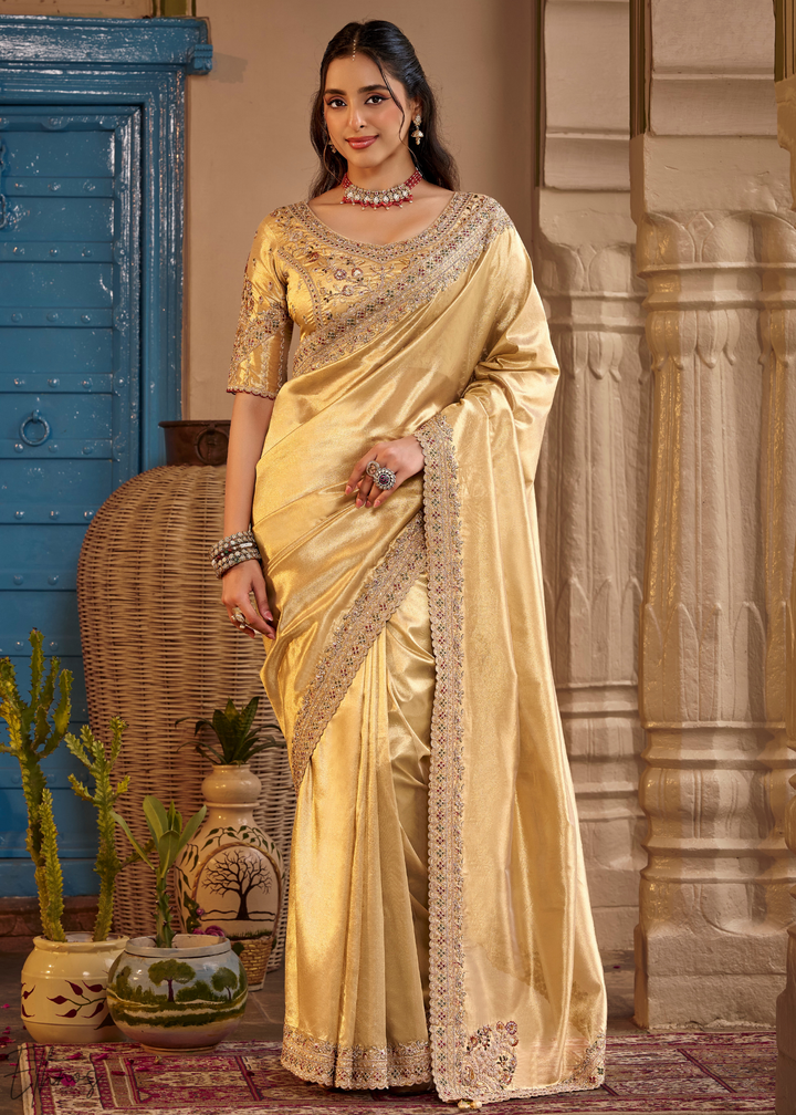 Bright Gold Scallop Border Embroidered Silk Saree