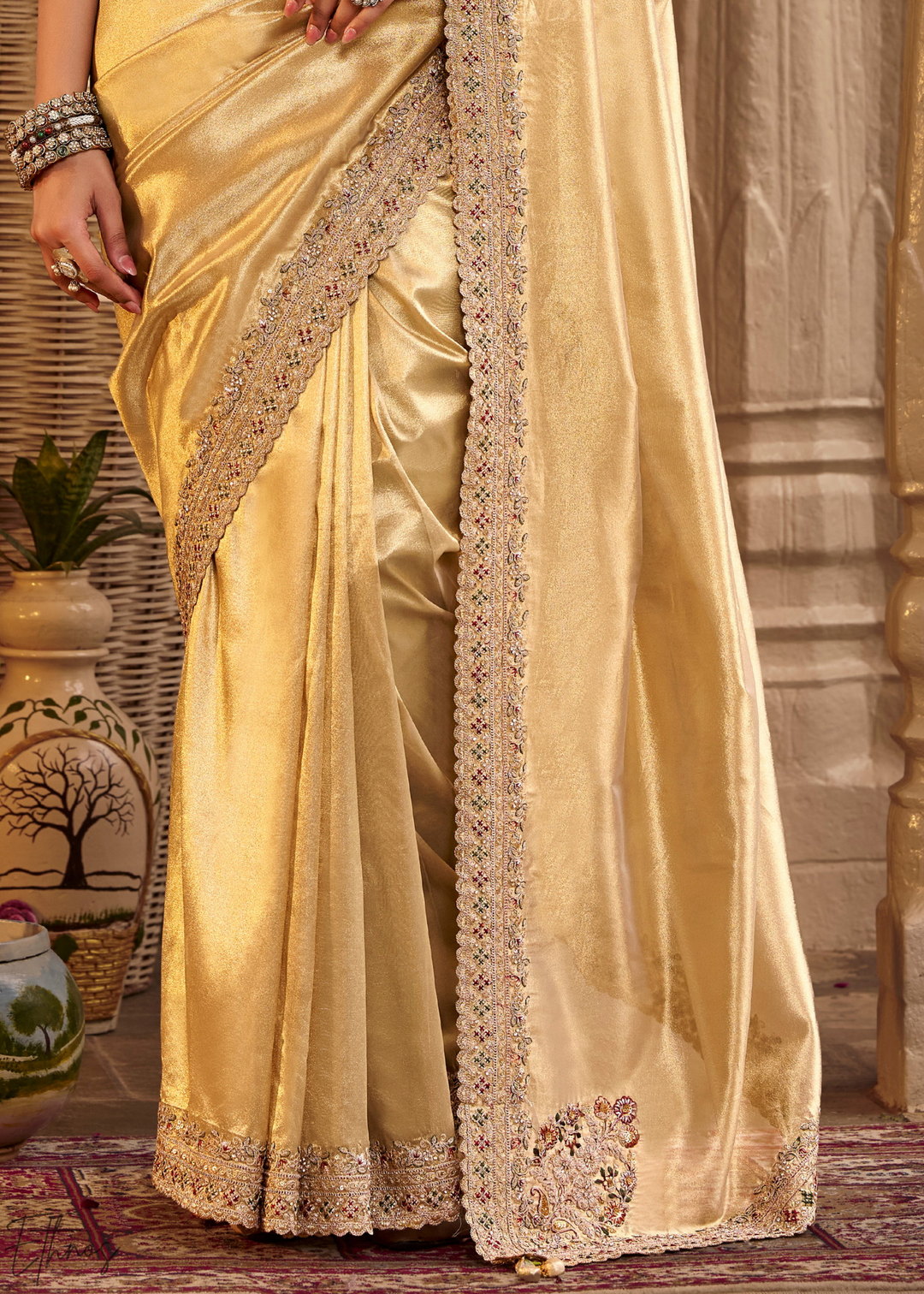 Bright Gold Scallop Border Embroidered Silk Saree