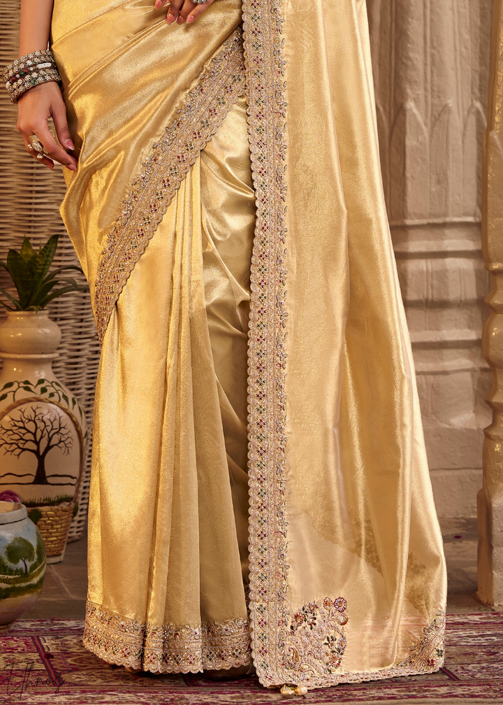 Bright Gold Scallop Border Embroidered Silk Saree