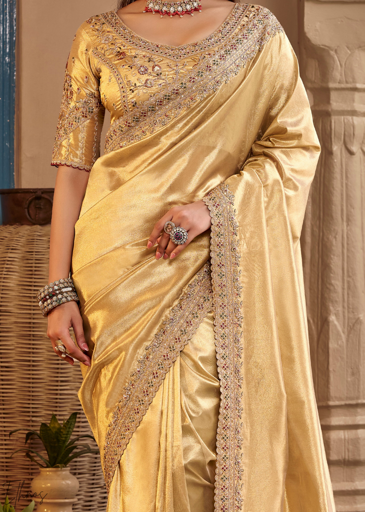 Bright Gold Scallop Border Embroidered Silk Saree