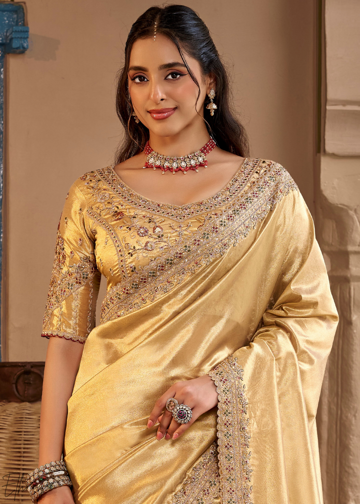 Bright Gold Scallop Border Embroidered Silk Saree
