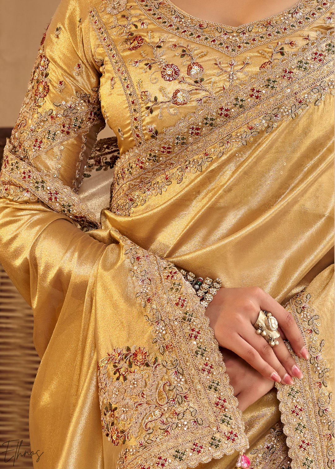 Bright Gold Scallop Border Embroidered Silk Saree