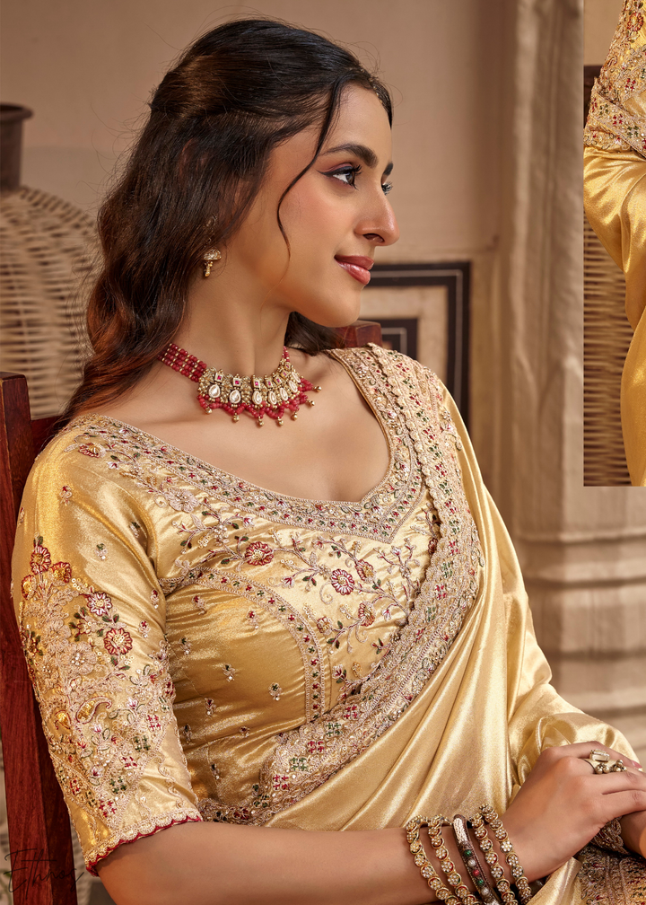 Bright Gold Scallop Border Embroidered Silk Saree