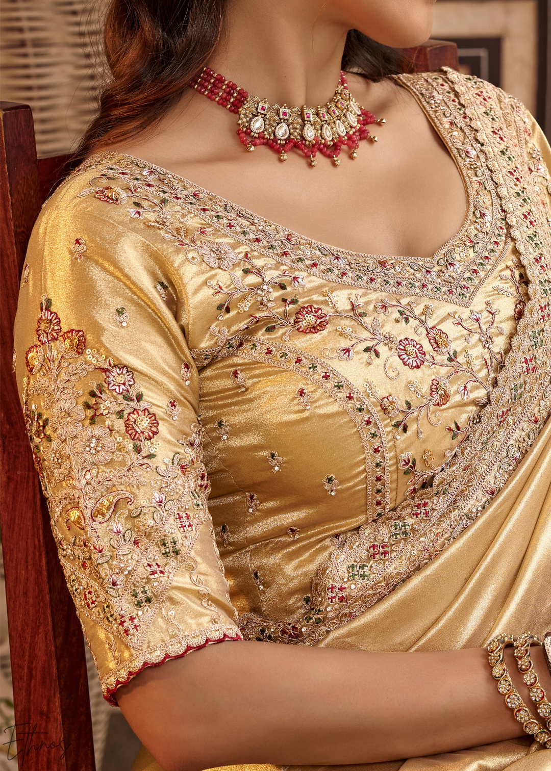 Bright Gold Scallop Border Embroidered Silk Saree