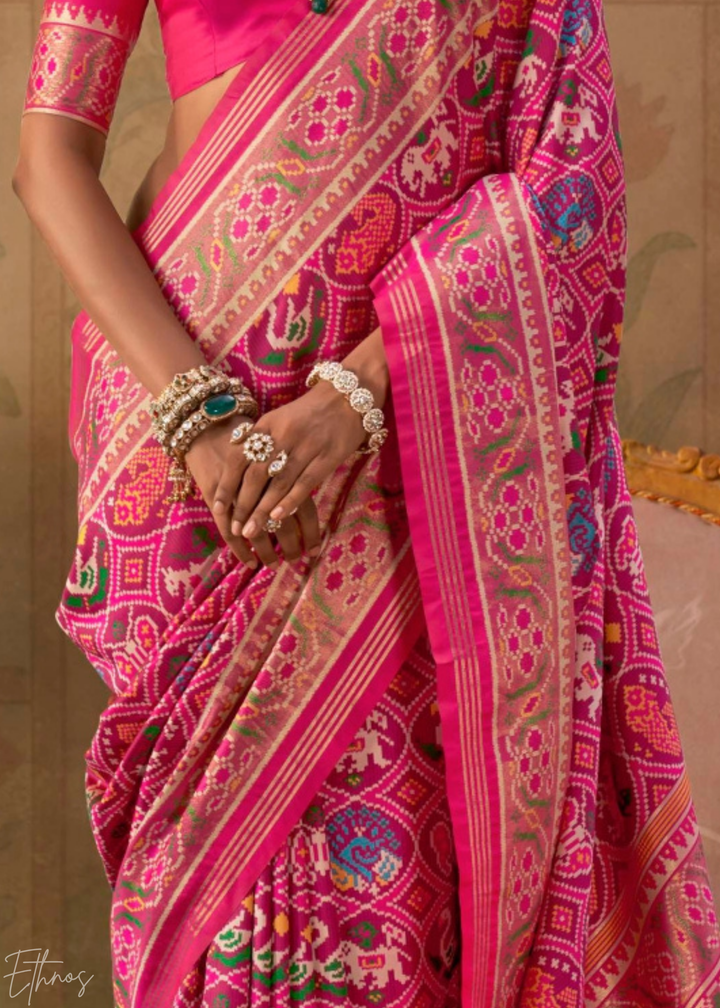 Bright Magenta Ashwa Patola Silk Saree