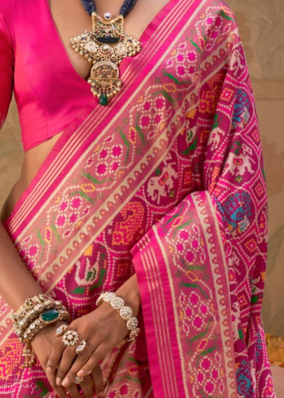 Bright Magenta Ashwa Patola Silk Saree