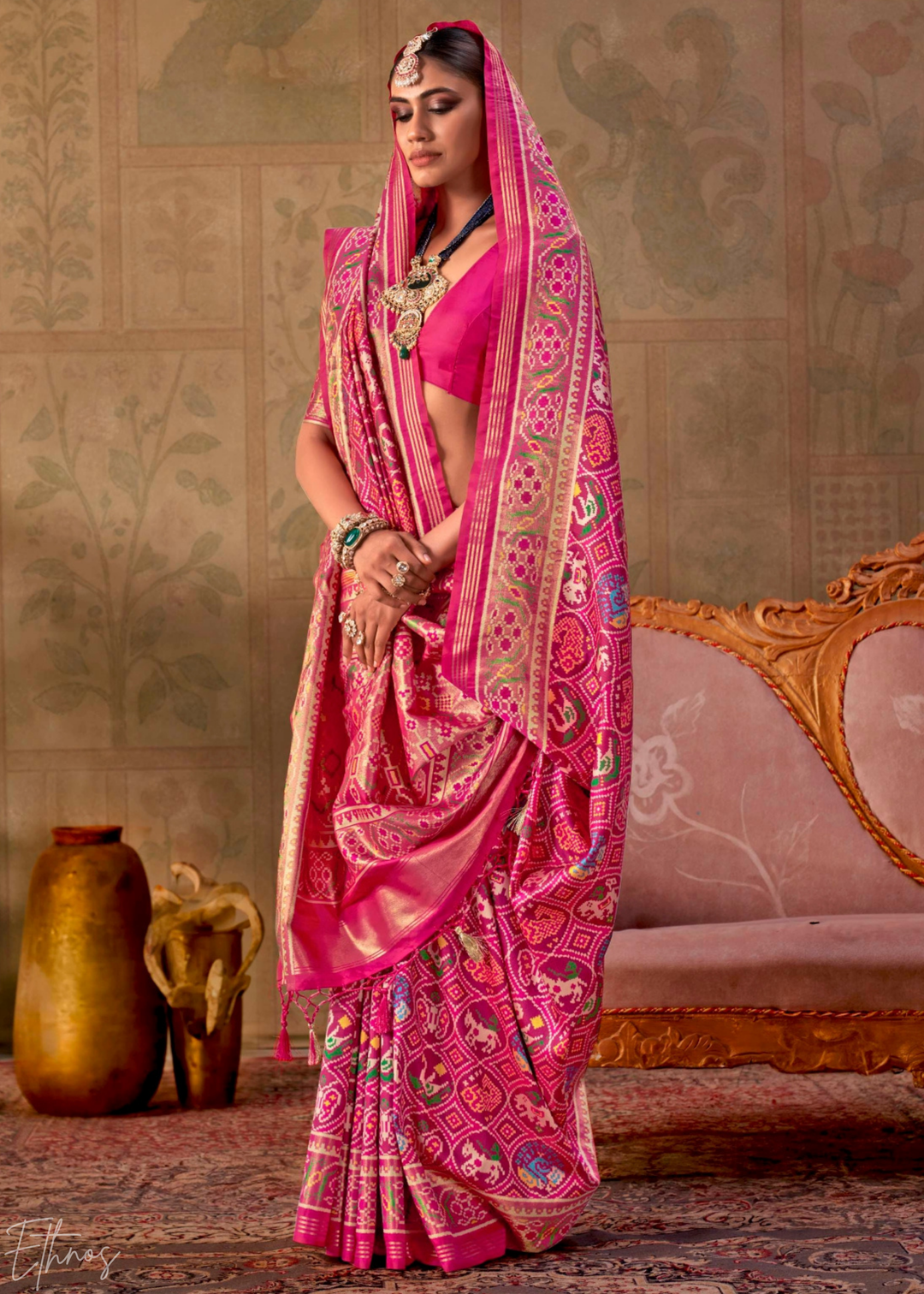 Bright Magenta Ashwa Patola Silk Saree