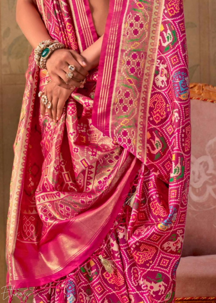 Bright Magenta Ashwa Patola Silk Saree