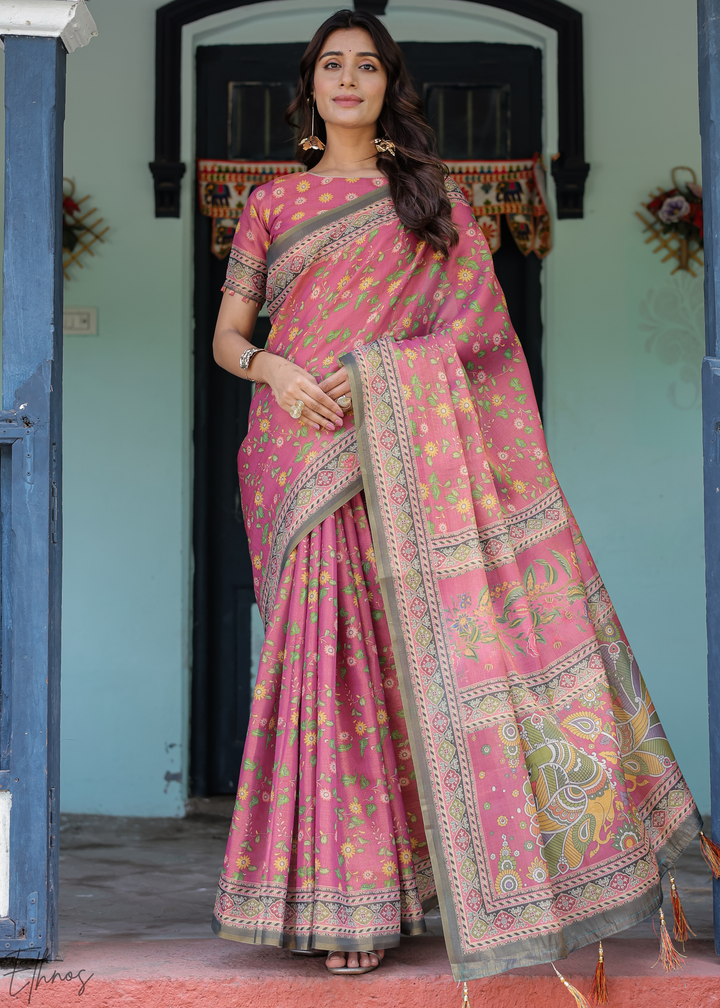 Bright Pink Royal Heritage Cotton Linen Saree