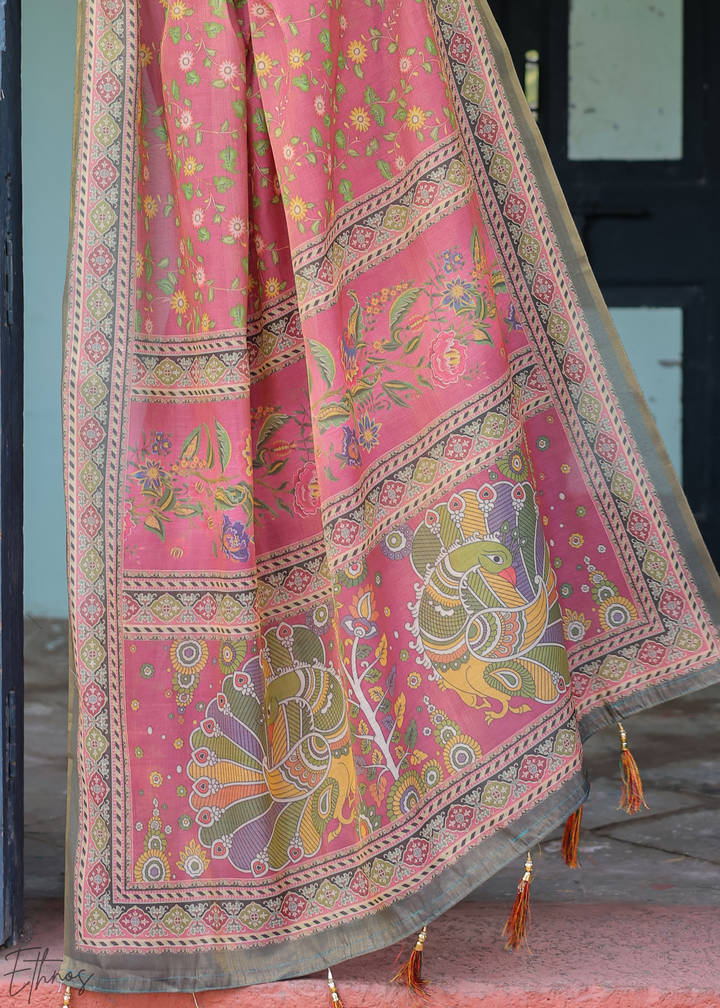 Bright Pink Royal Heritage Cotton Linen Saree