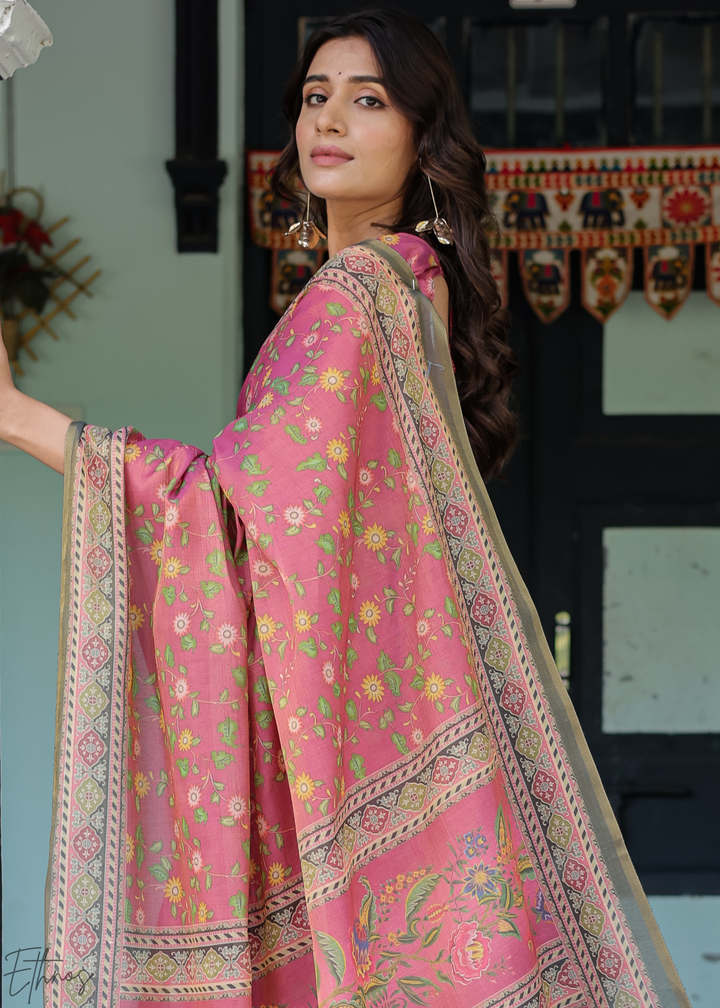Bright Pink Royal Heritage Cotton Linen Saree