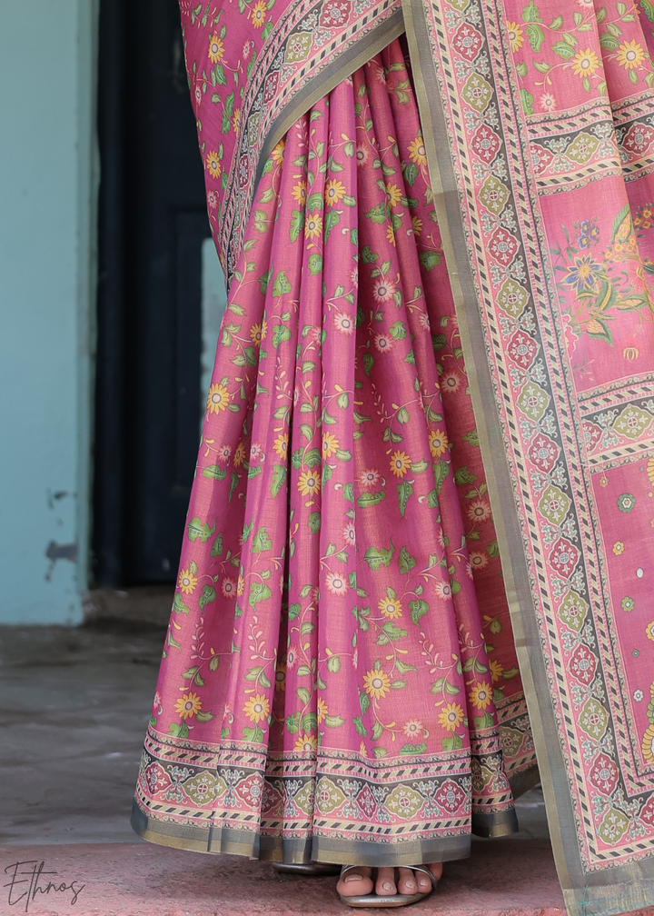 Bright Pink Royal Heritage Cotton Linen Saree