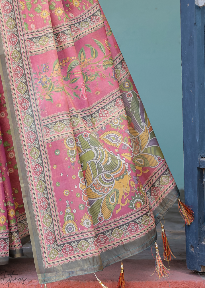 Bright Pink Royal Heritage Cotton Linen Saree
