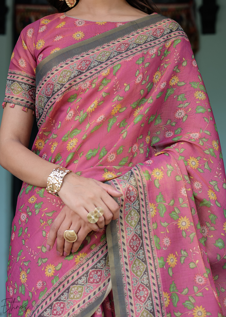 Bright Pink Royal Heritage Cotton Linen Saree
