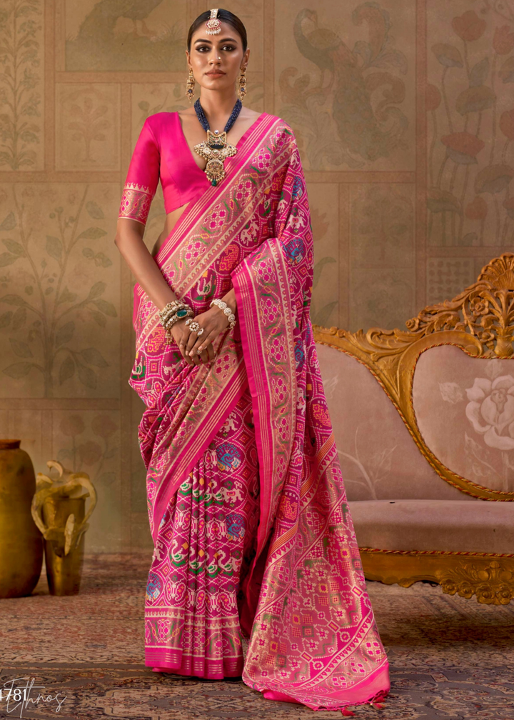 Bright Magenta Ashwa Patola Silk Saree