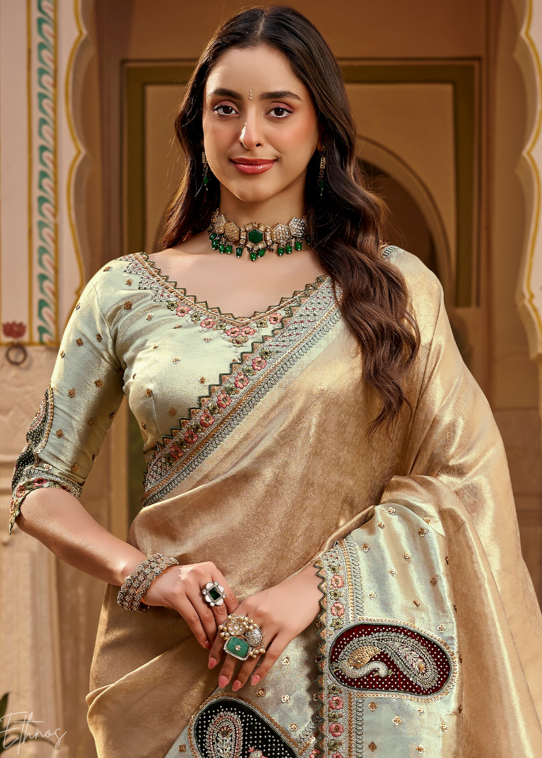 Bronze Brown Paisley Accent Satin Silk Saree