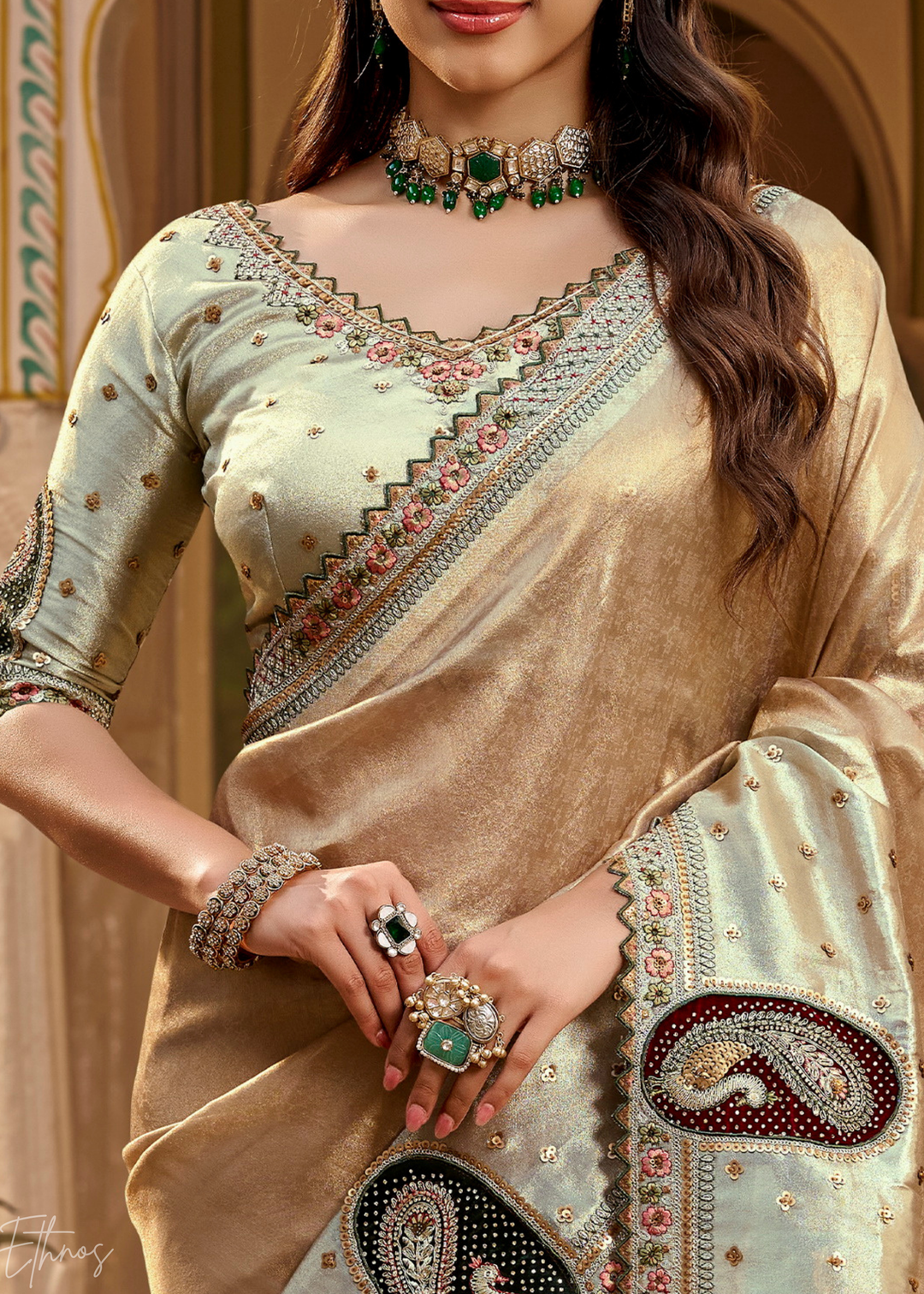 Bronze Brown Paisley Accent Satin Silk Saree