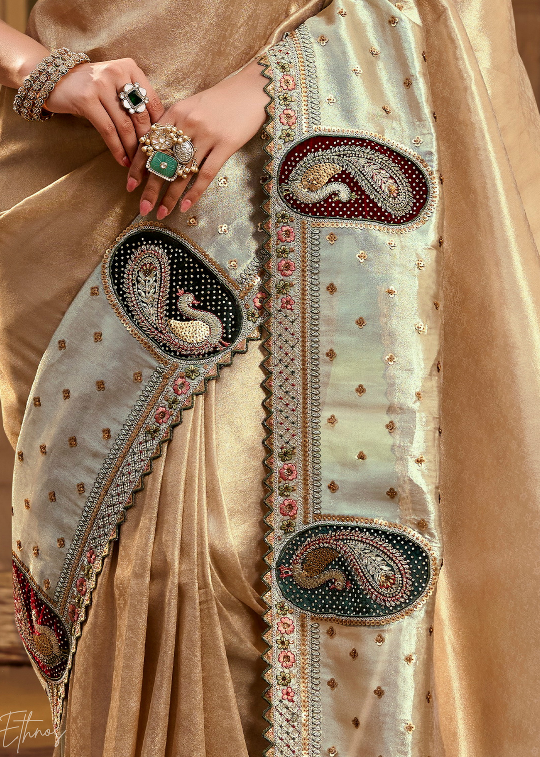 Bronze Brown Paisley Accent Satin Silk Saree