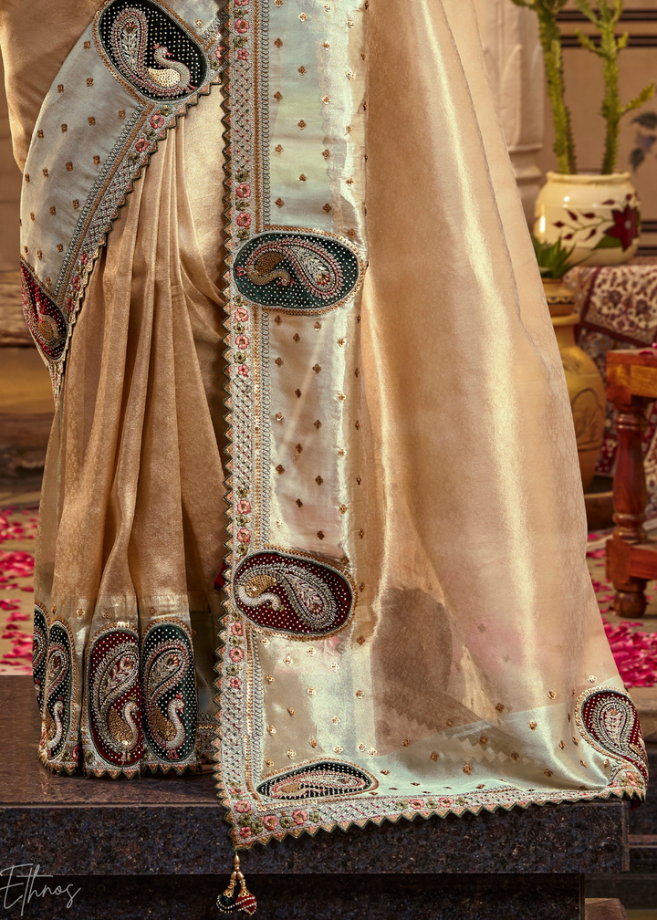 Bronze Brown Paisley Accent Satin Silk Saree