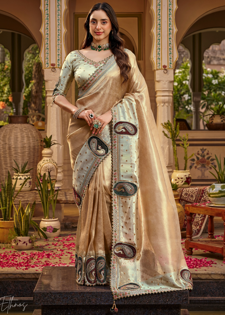 Bronze Brown Paisley Accent Satin Silk Saree