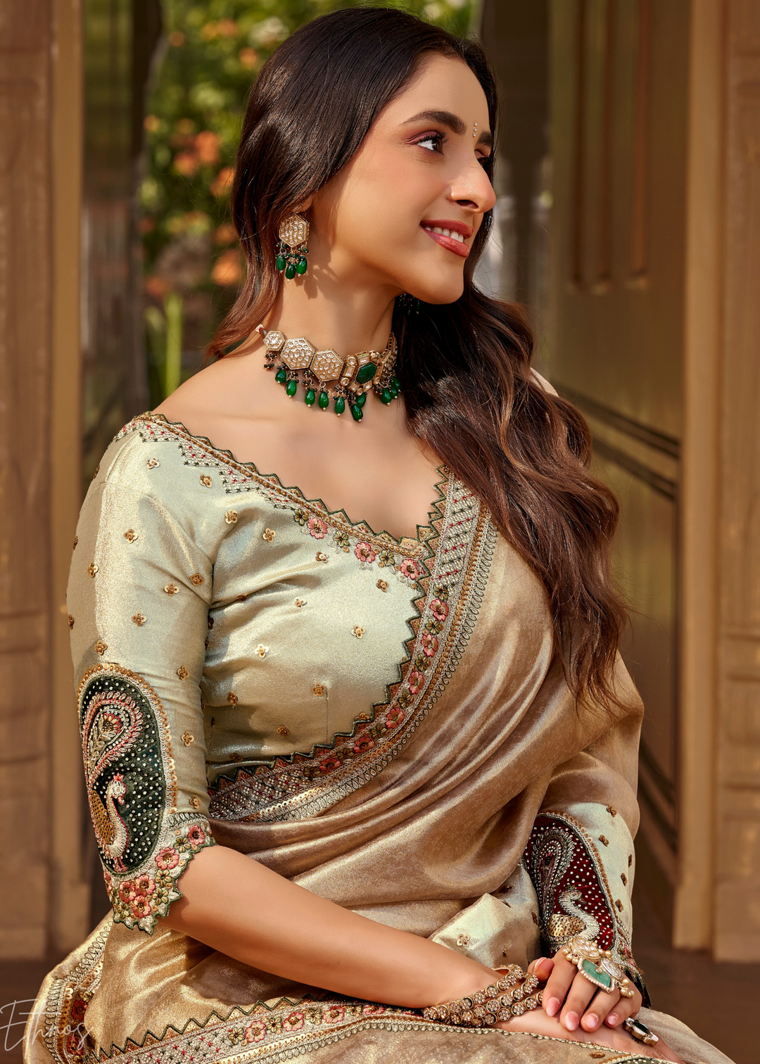 Bronze Brown Paisley Accent Satin Silk Saree