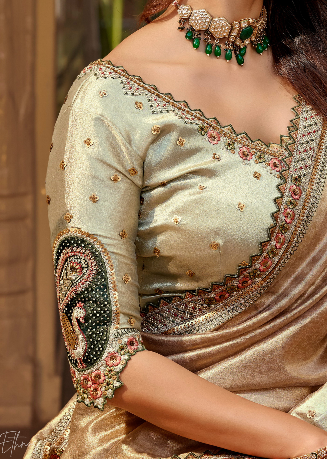 Bronze Brown Paisley Accent Satin Silk Saree