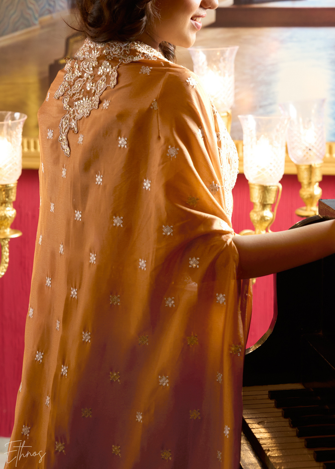 Bronze Chinon Shrug Choli Skirt Set