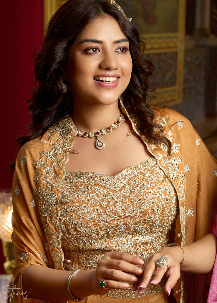 Bronze Chinon Shrug Choli Skirt Set