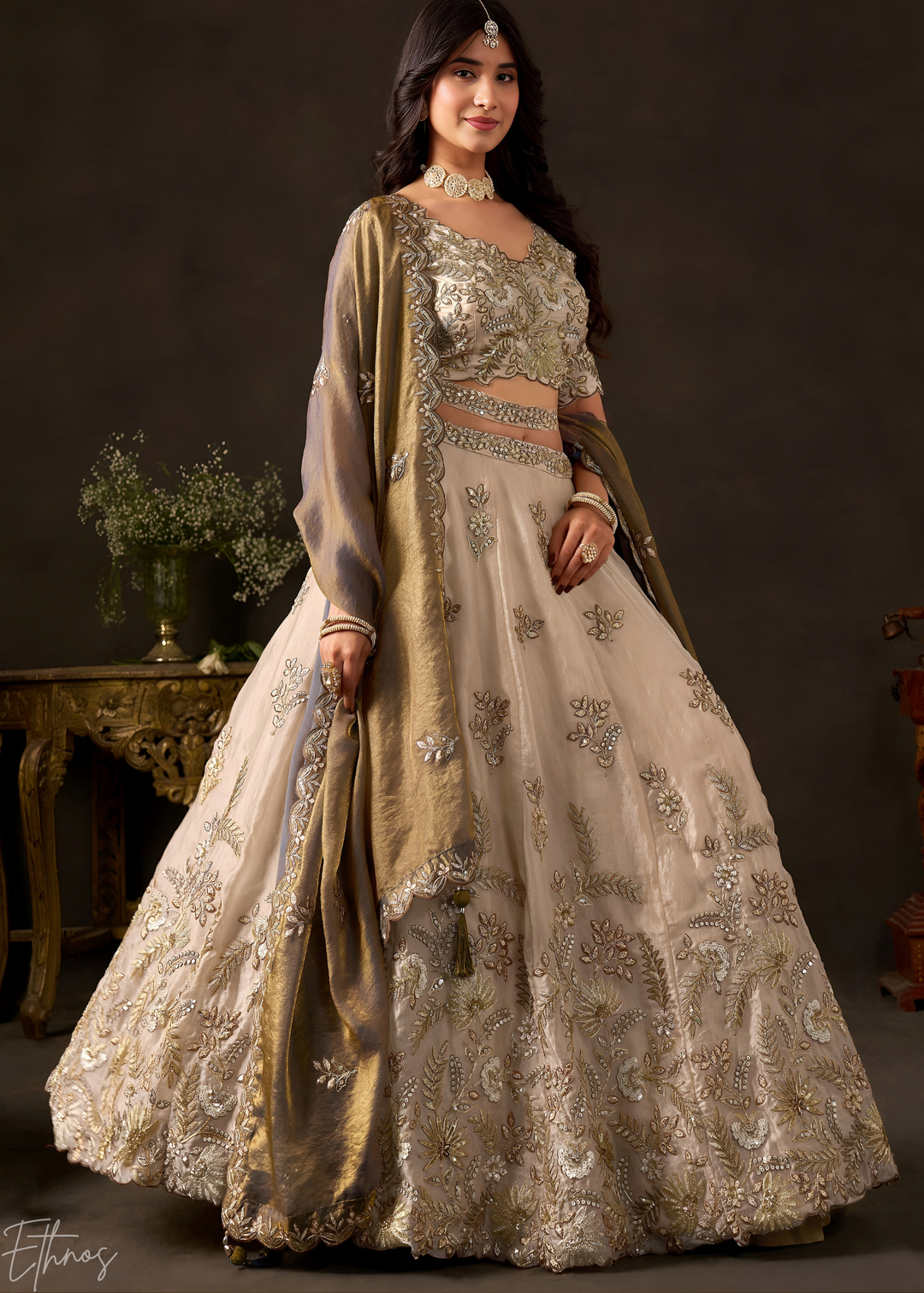 Bronze Gilded Meadow Silk Lehenga Choli