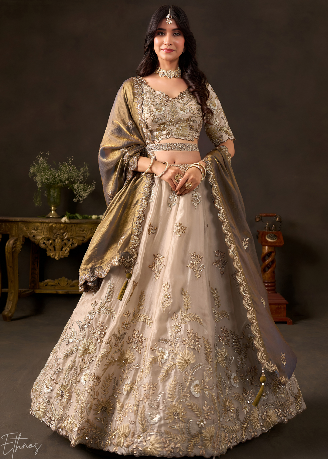 Bronze Gilded Meadow Silk Lehenga Choli