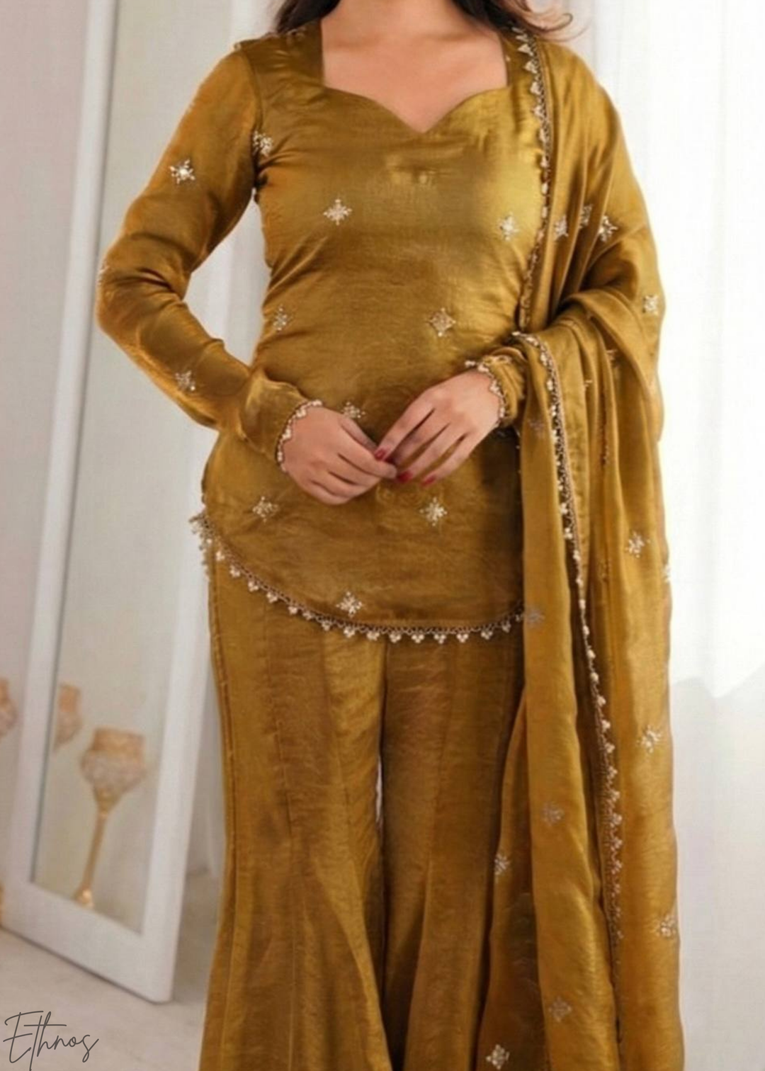 Bronze Silk Kurti Sharara Suit