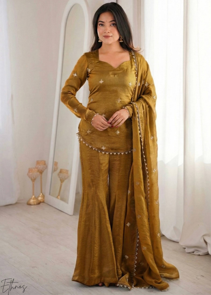 Bronze Silk Kurti Sharara Suit