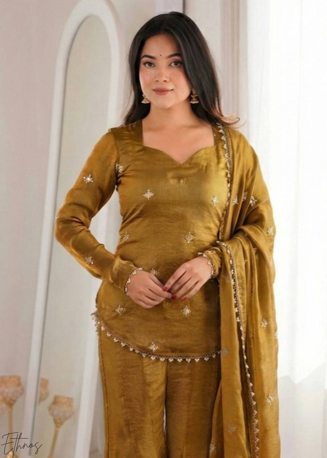 Bronze Silk Kurti Sharara Suit