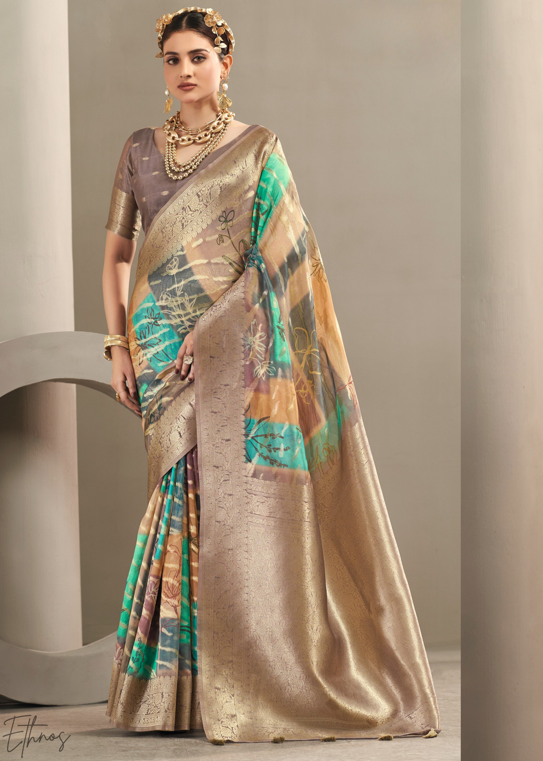 Bronze Taupe Abstract Digital Print Metallic Vellora Saree