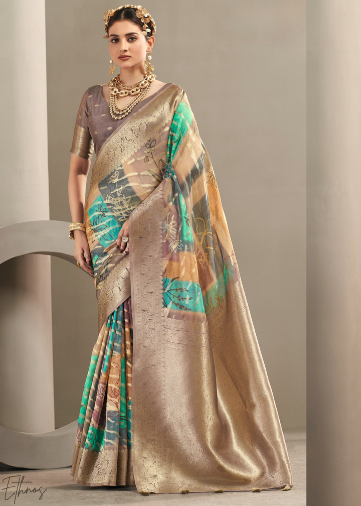 Bronze Taupe Abstract Digital Print Metallic Vellora Saree