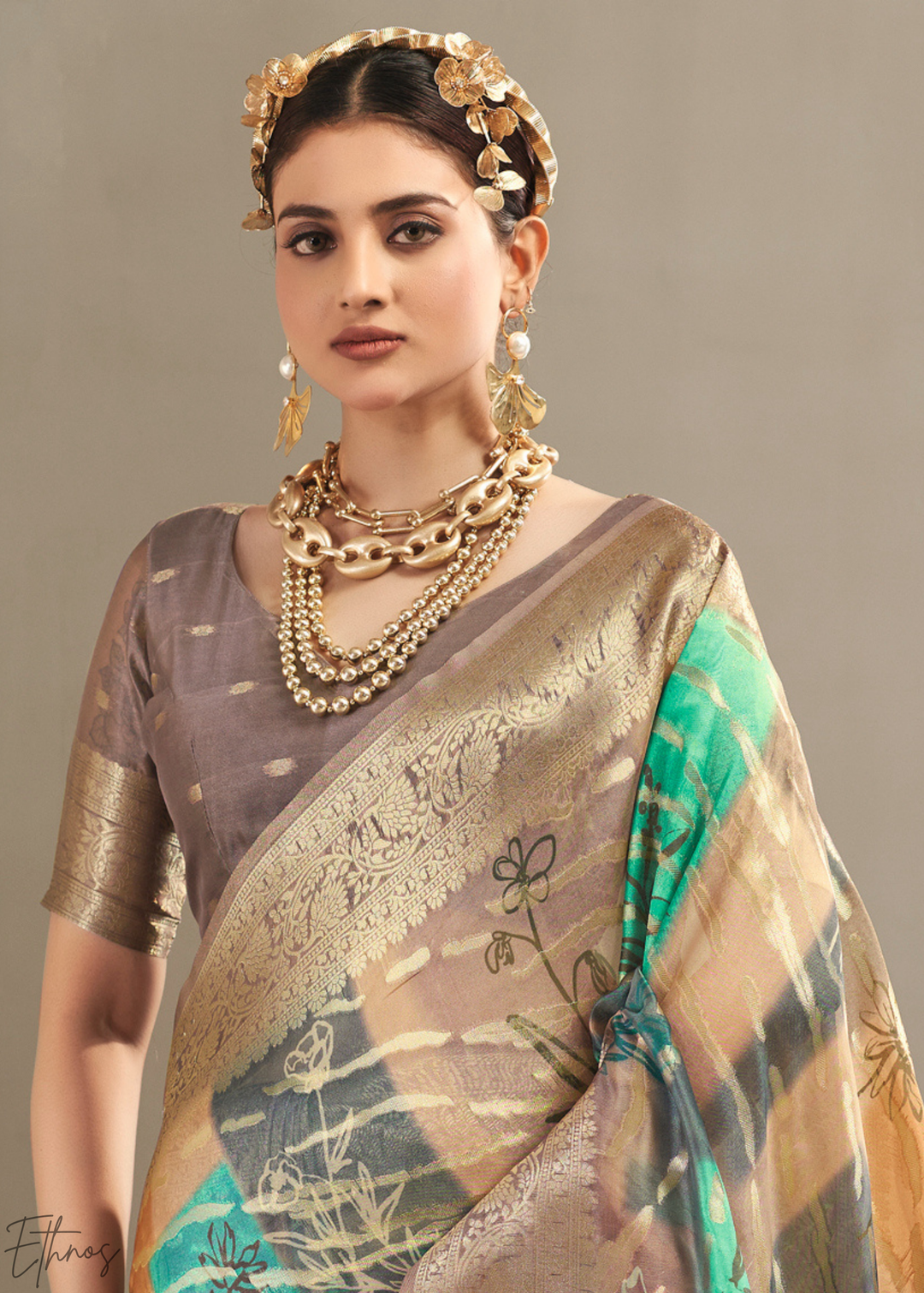 Bronze Taupe Abstract Digital Print Metallic Vellora Saree