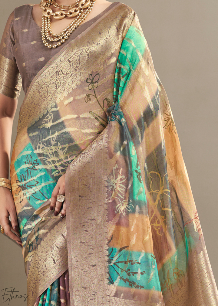 Bronze Taupe Abstract Digital Print Metallic Vellora Saree