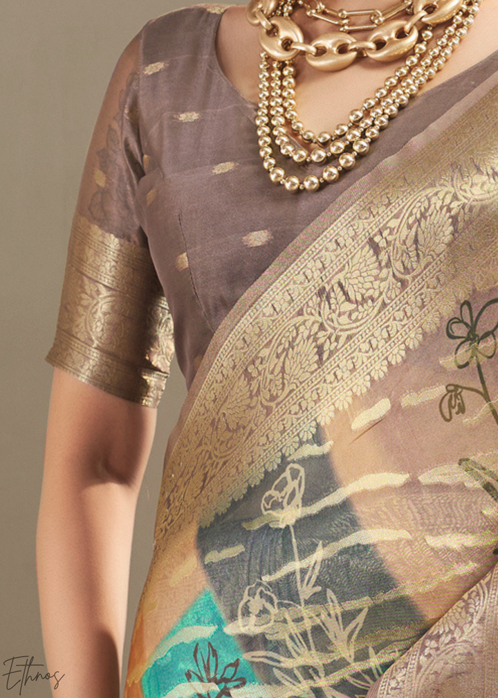 Bronze Taupe Abstract Digital Print Metallic Vellora Saree