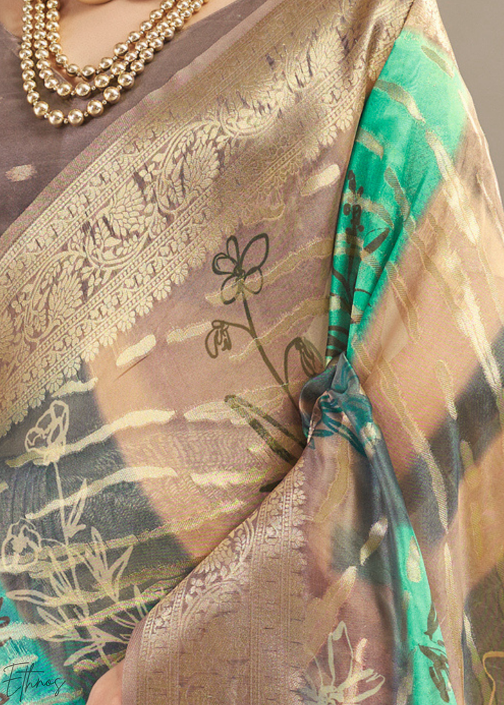 Bronze Taupe Abstract Digital Print Metallic Vellora Saree