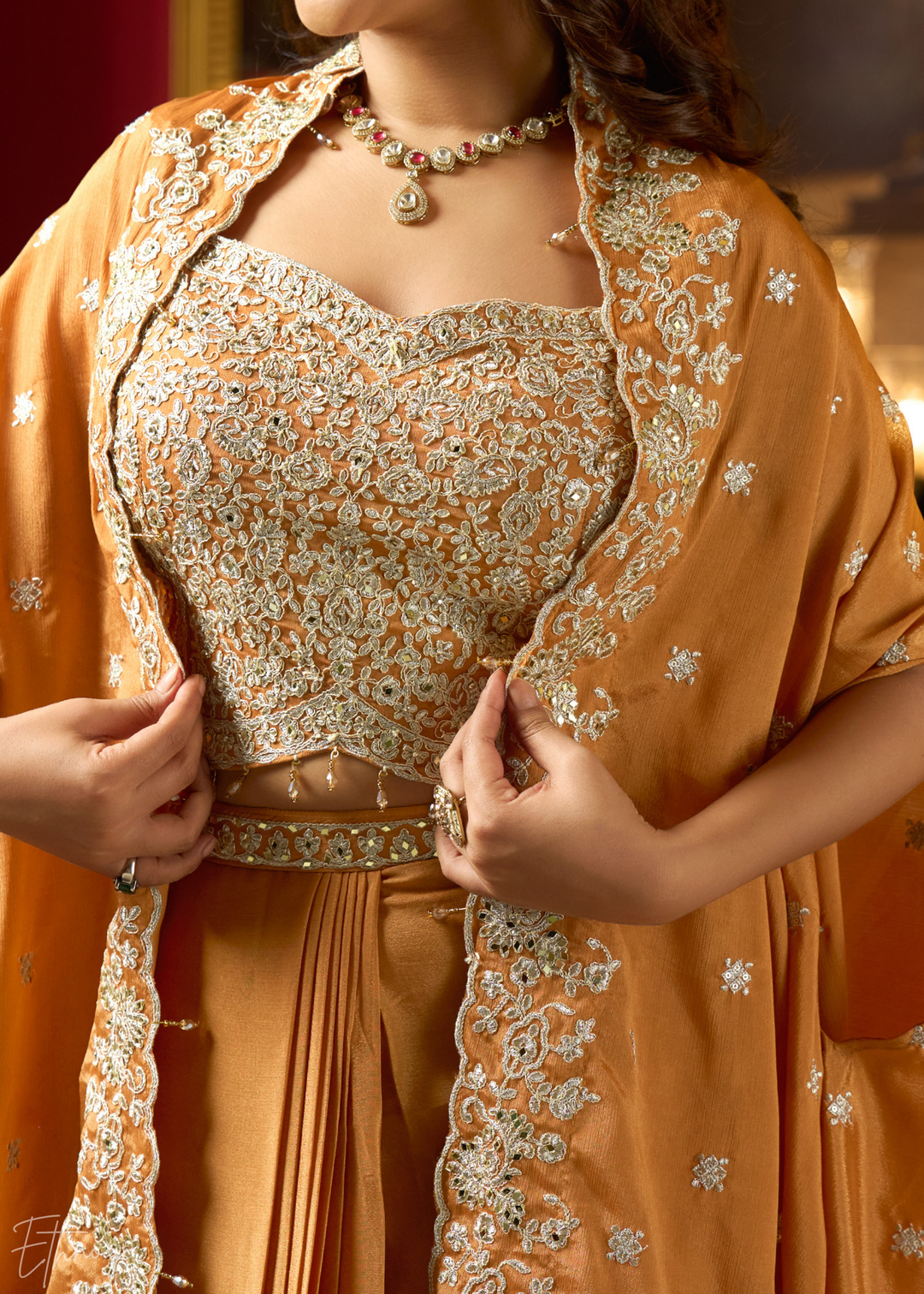 Bronze Chinon Shrug Choli Skirt Set