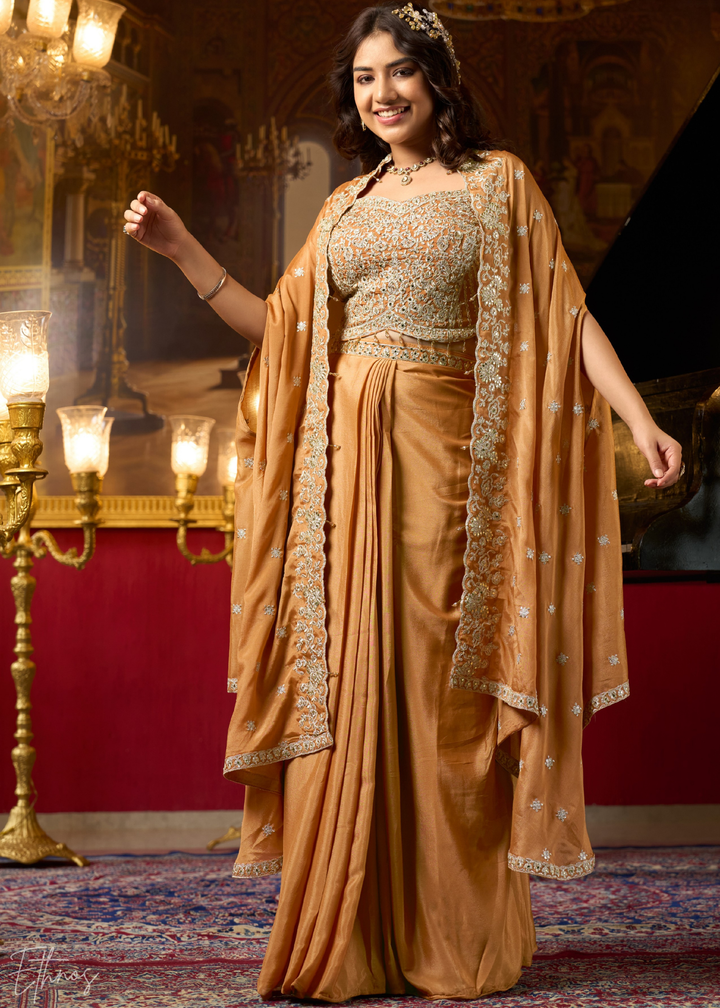 Bronze Chinon Shrug Choli Skirt Set